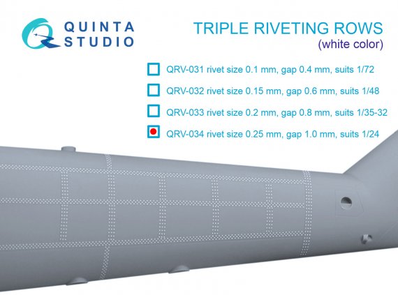 Triple riveting rows, White color, size 0.25mm, gap 1.0mm